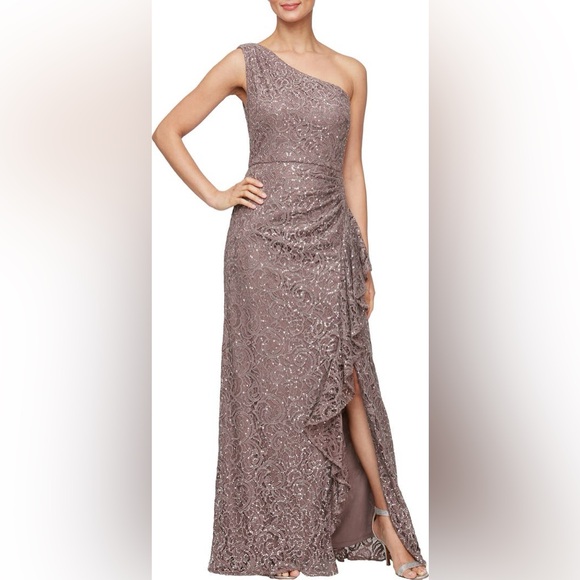 Alex Evenings One Shoulder sequin Lace A line gown in mocha